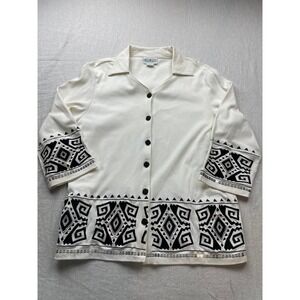 Patchington Womens Blouse Top White Size XL Geometric Embroidered Button Front